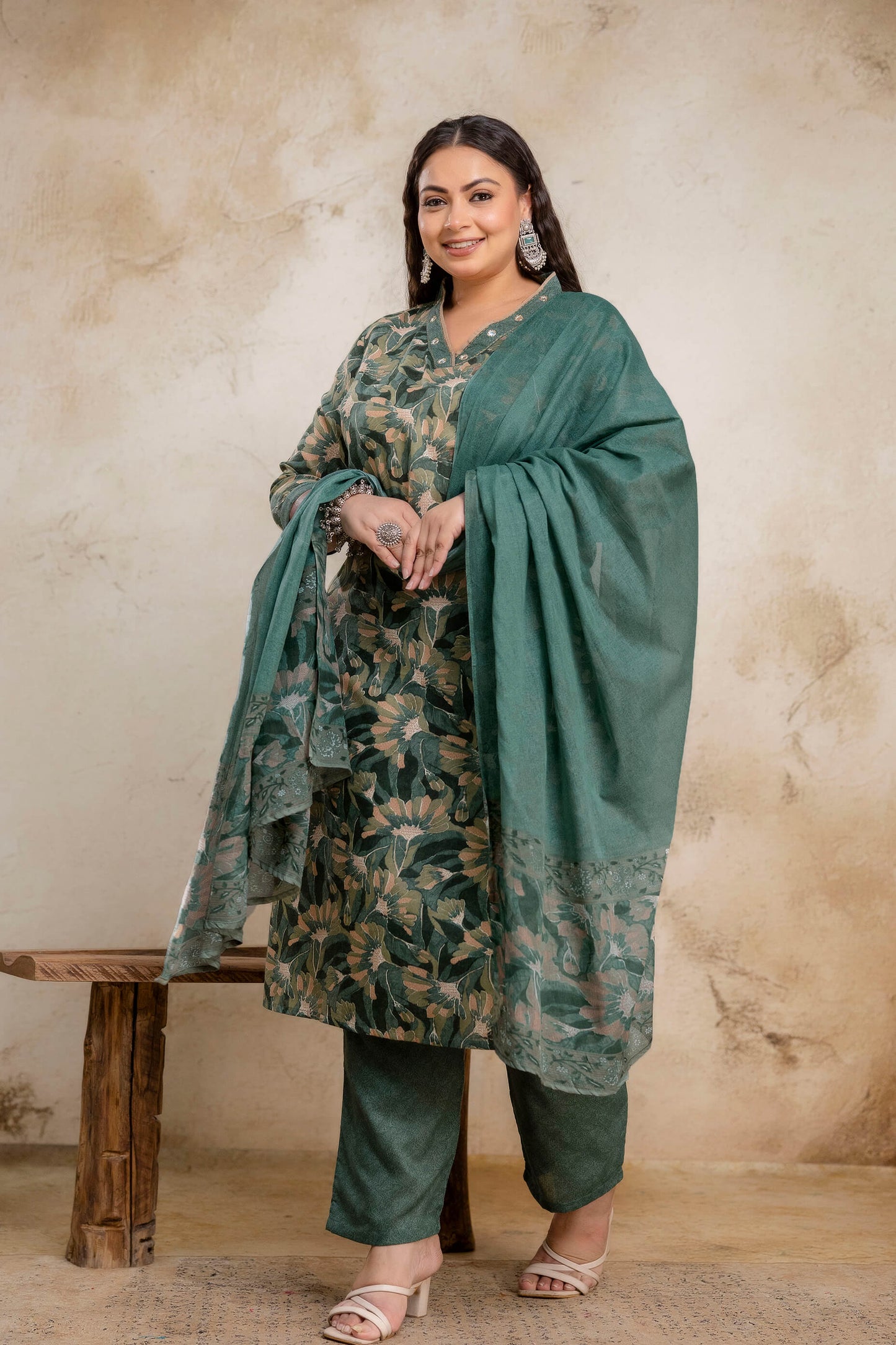 Plus SizeGreen Floral Cotton Kurti Pant Dupatta Set | Curvisha