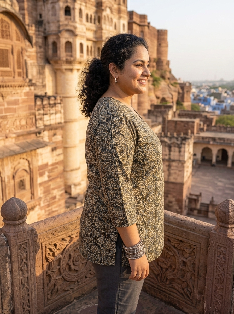 Plus Size Black Printed Cotton Short Kurti Tunic - Curvisha