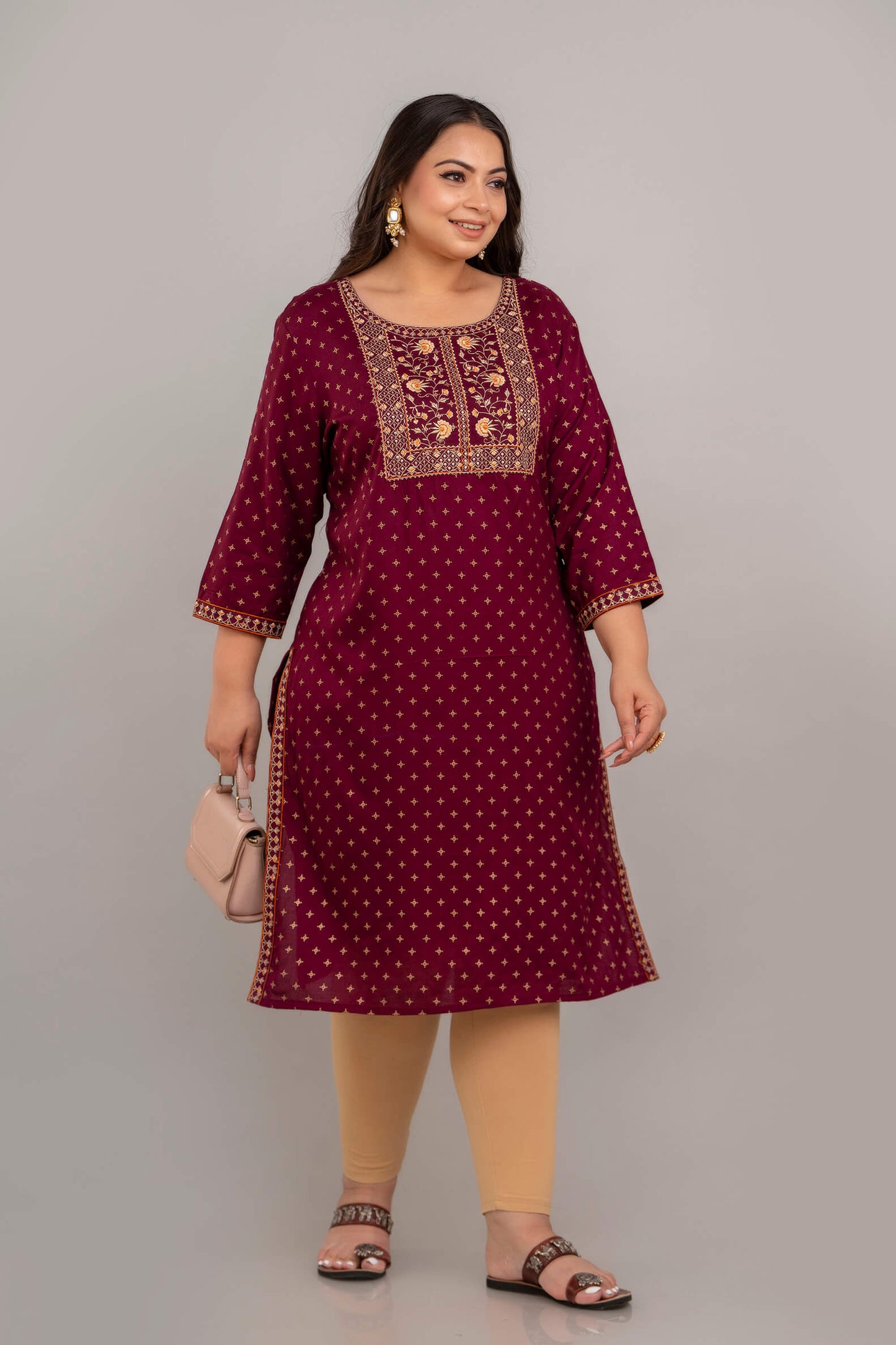Styled look: maroon rayon embroidered kurti with beige leggings and handbag, plus size fashion