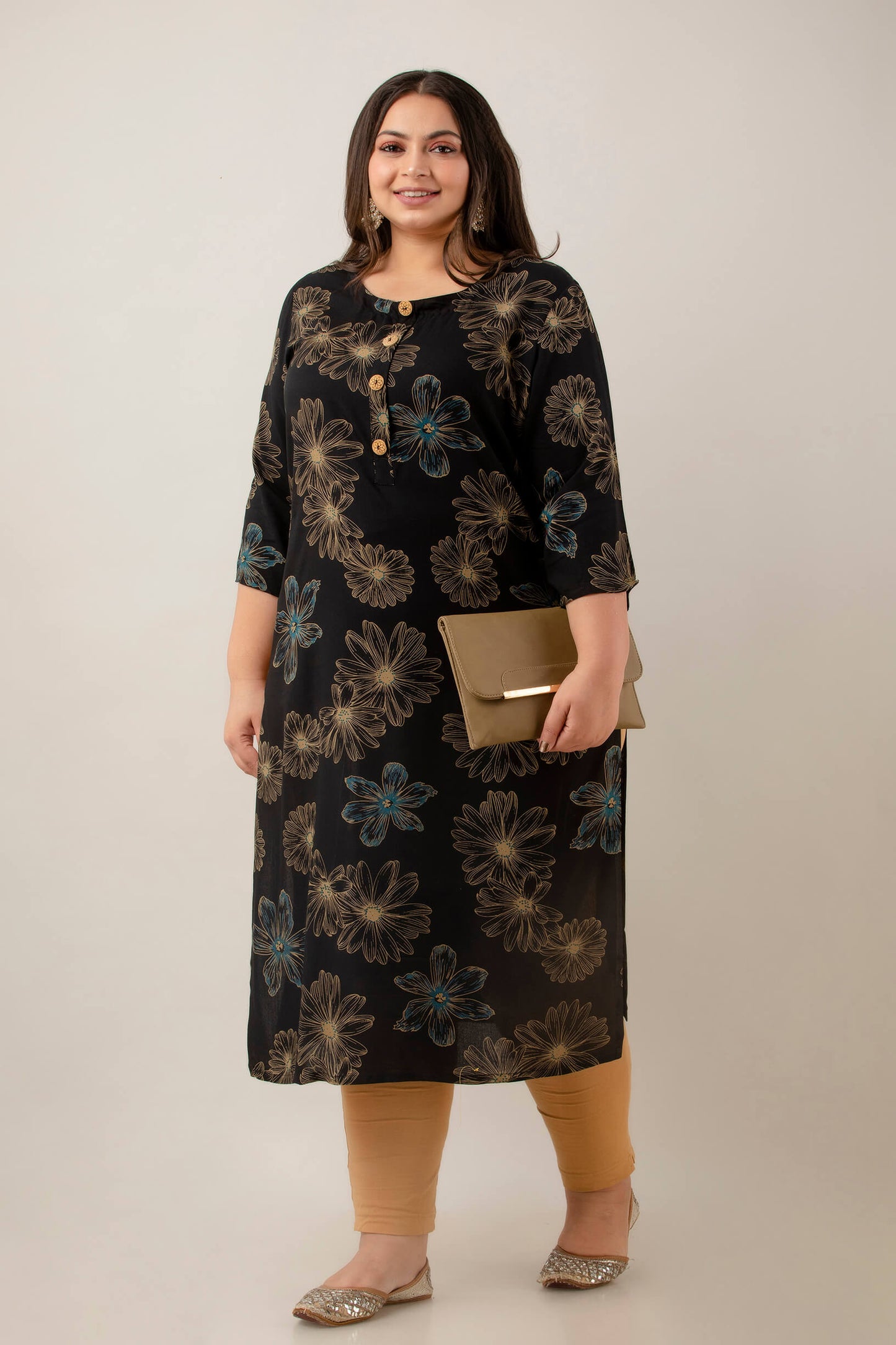 Plus size model walking in black rayon discharge-print kurti, flattering straight fit for full-figure/fat-friendly bodies, 3XL–10XL