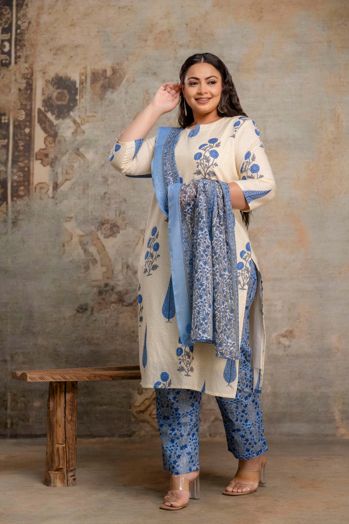 Plus size fat women blue cotton kurti pant dupatta side view big size fat clothing