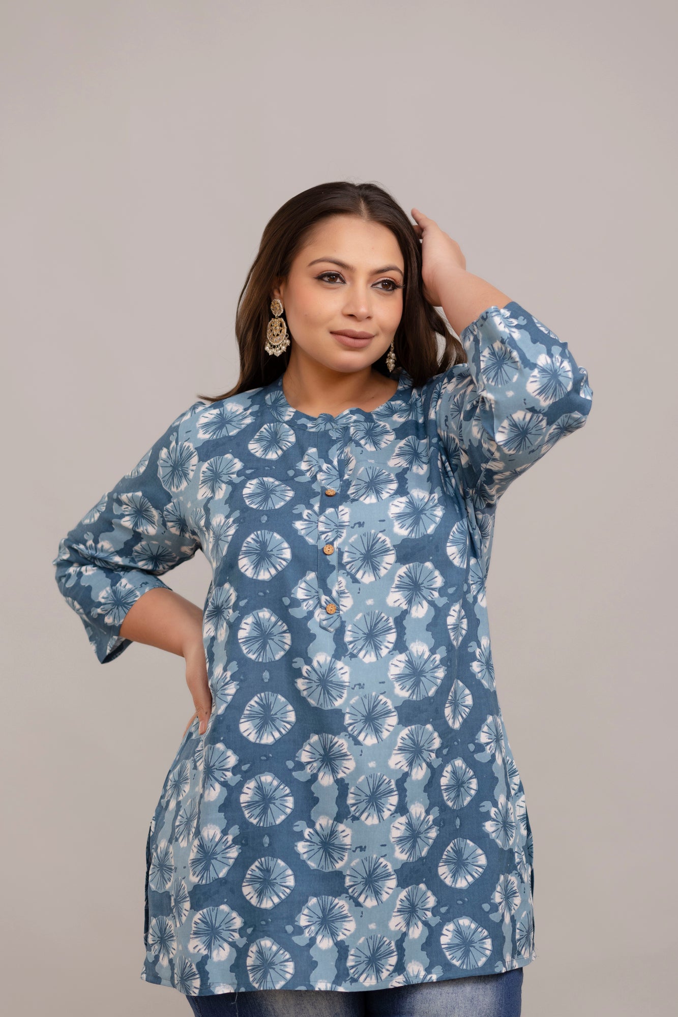Curvy Size Blue Printed Rayon Short Kurti Tunic for Women