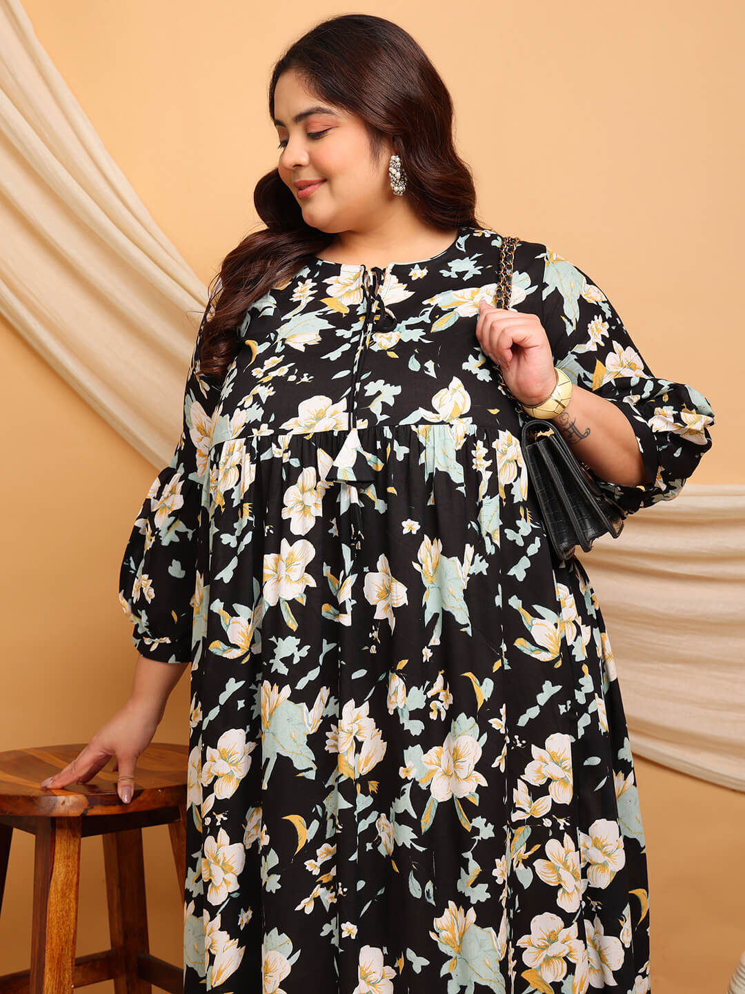 Fabric close up plus size floral rayon gathered gown, soft breathable rayon for big size women