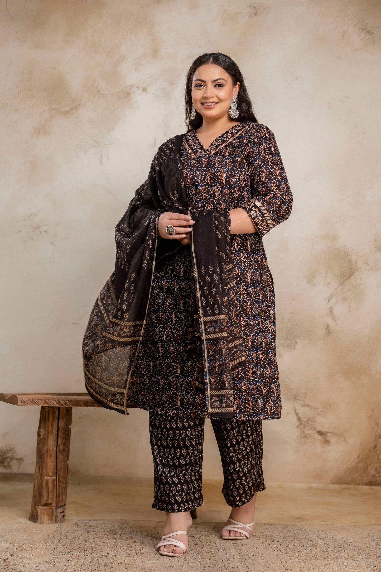 Full look of plus size black cotton kurti pant dupatta set for women