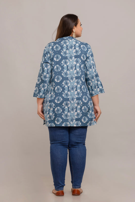 Plus Size Blue Printed Rayon Short Kurti Tunic for Women – Back View