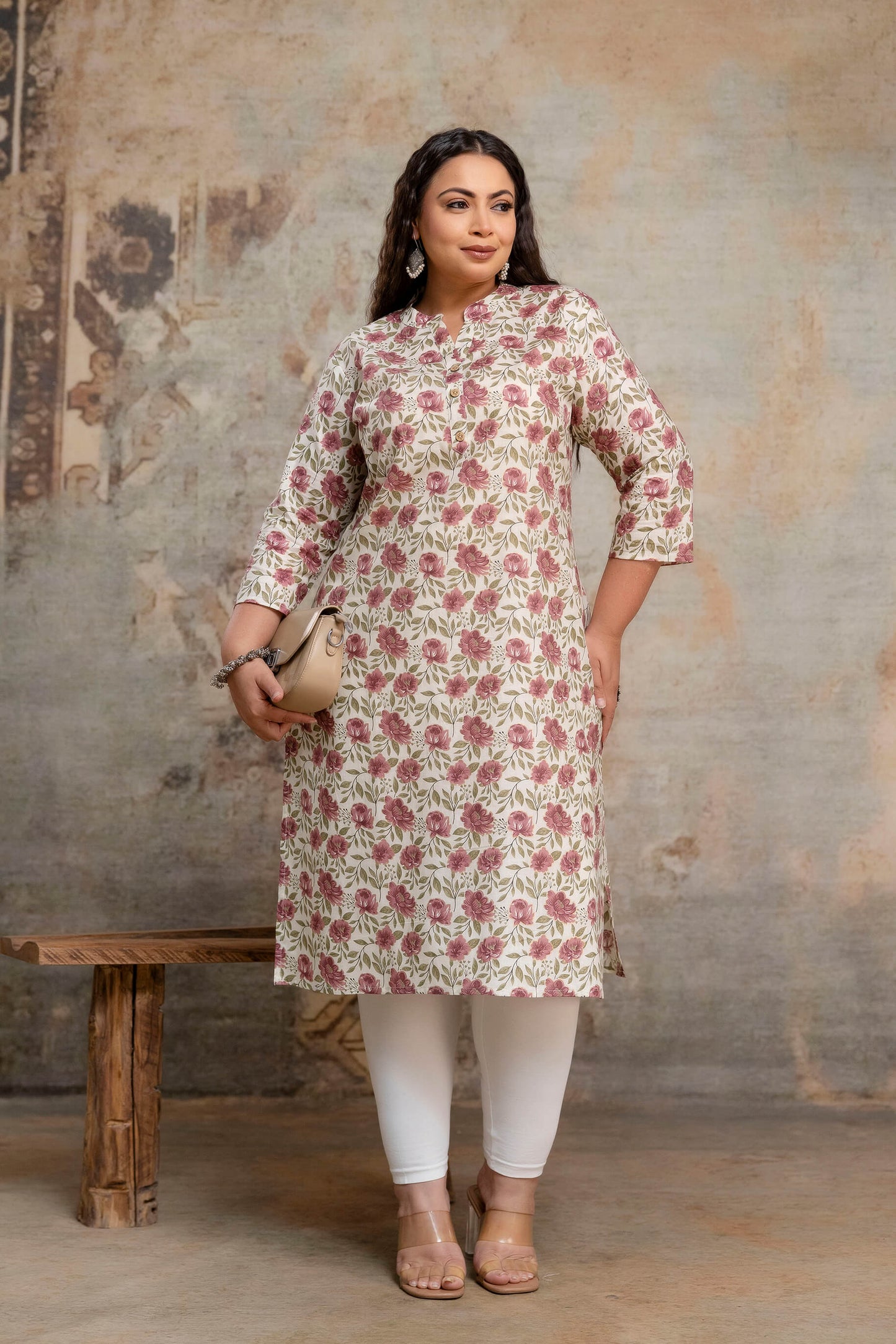 Plus size cream pink cotton kurti styled with leggings, fat size kurti daily wear