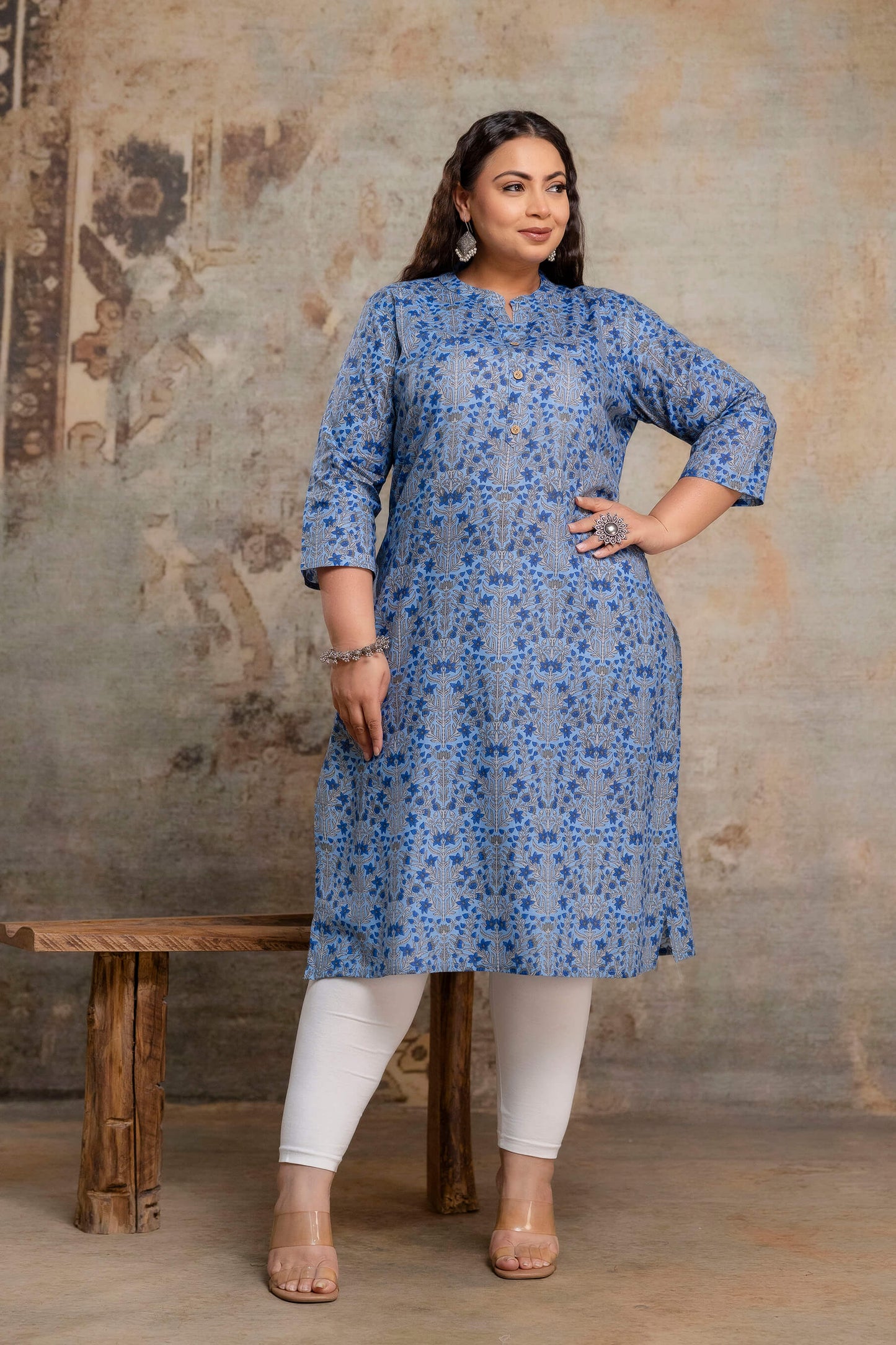 Plus size indigo cotton kurti styled with leggings, fat size kurti for daily wear