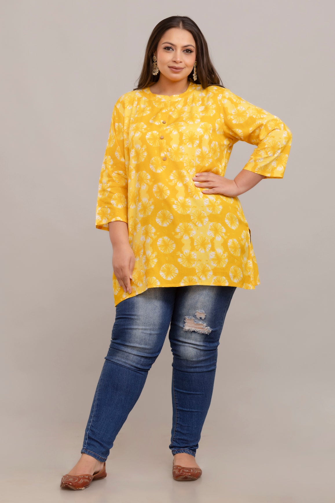 Plus Size Mustard Yellow Rayon Kurti Tunic for Women – Full Front View