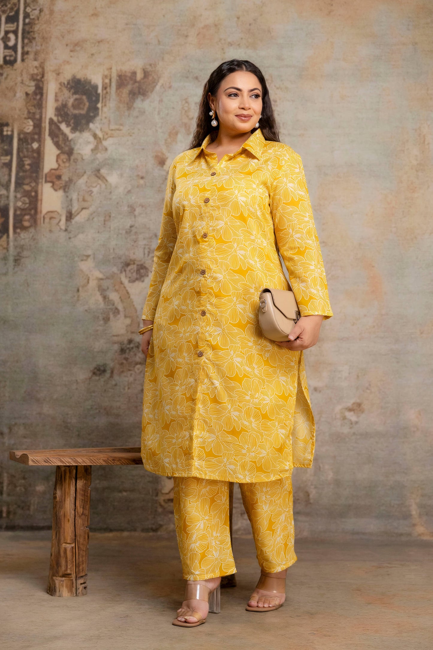 Plus size yellow floral kurti pant set styled with bag for women, elegant big size clothing
