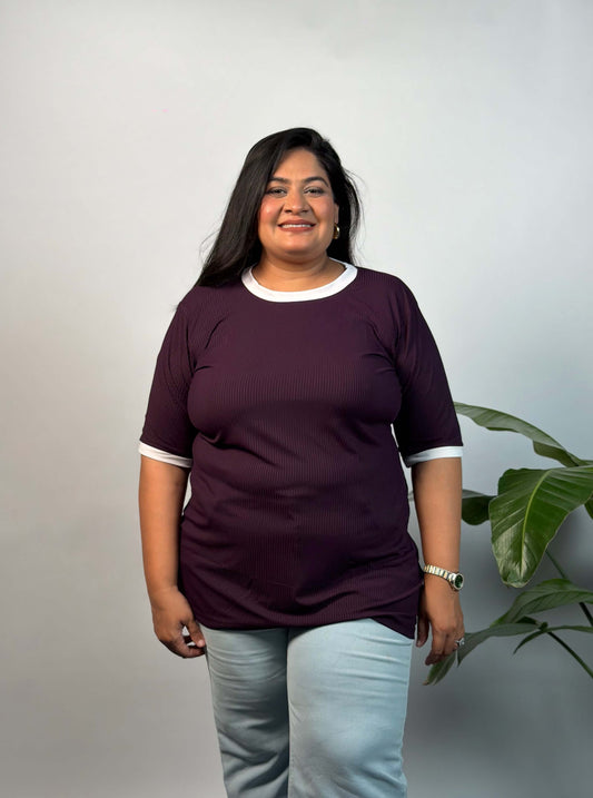 Plus Size Purple Ribbed Stretchable T-Shirt 3XL to 8XL | Curvisha