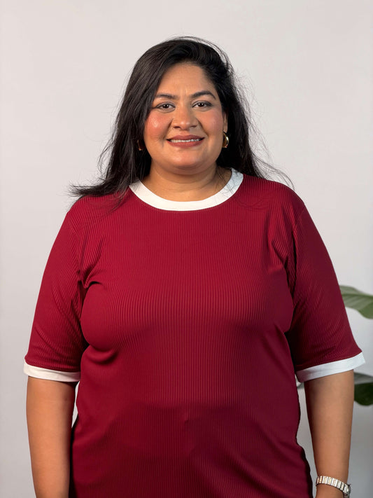 Plus Size Maroon Ribbed Stretchable T-Shirt 3XL to 8XL | Curvisha