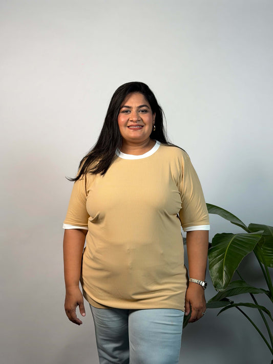 Plus Size Beige Ribbed Stretchable T-Shirt 3XL to 8XL | Curvisha