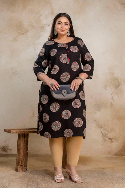 Plus Size Geometric Black Rayon Kurti – Curvisha
