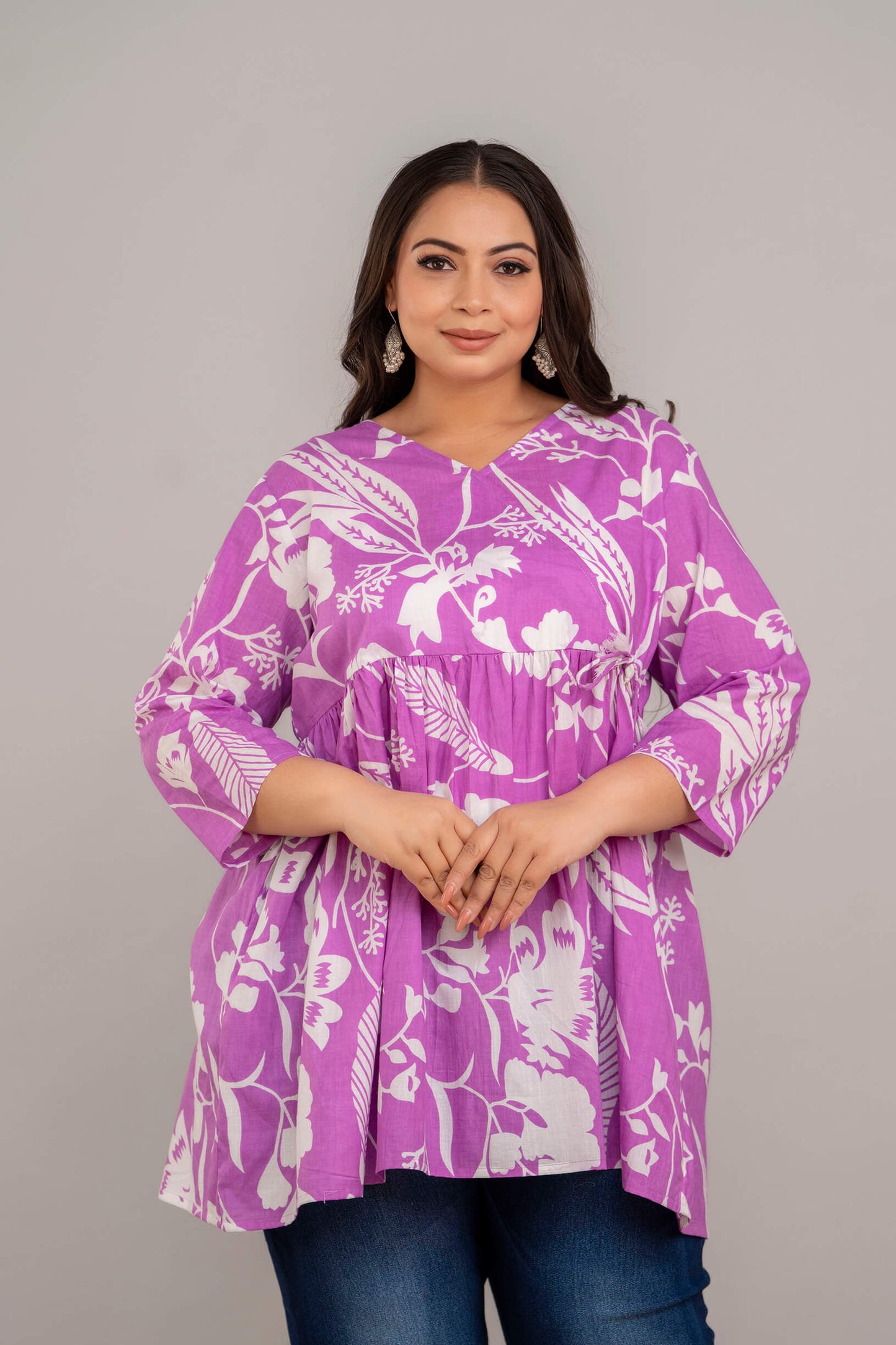 Plus Size Purple White Floral Rayon Short Kurti Tunic – Curvisha