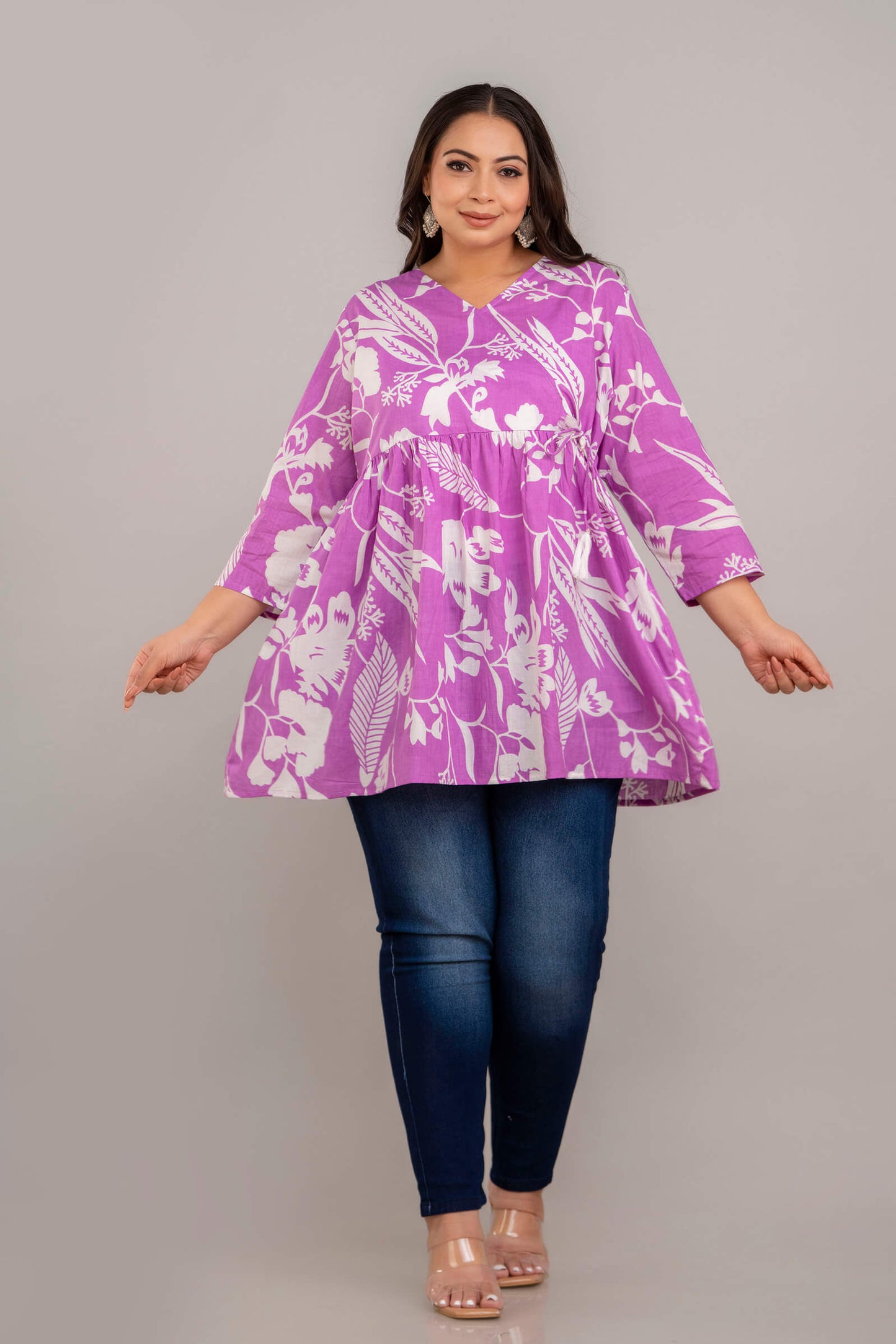 Plus Size Purple White Floral Rayon Short Kurti Tunic – Curvisha