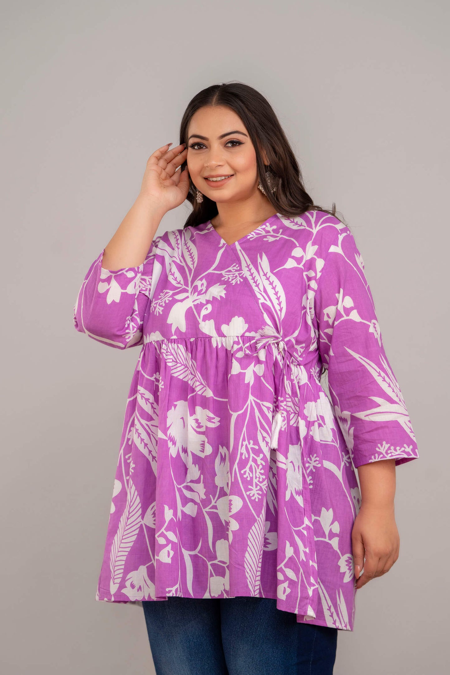 Plus Size Purple White Floral Rayon Short Kurti Tunic – Curvisha