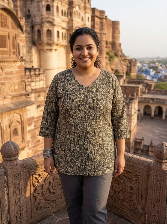 Plus Size Black Printed Cotton Short Kurti Tunic - Curvisha