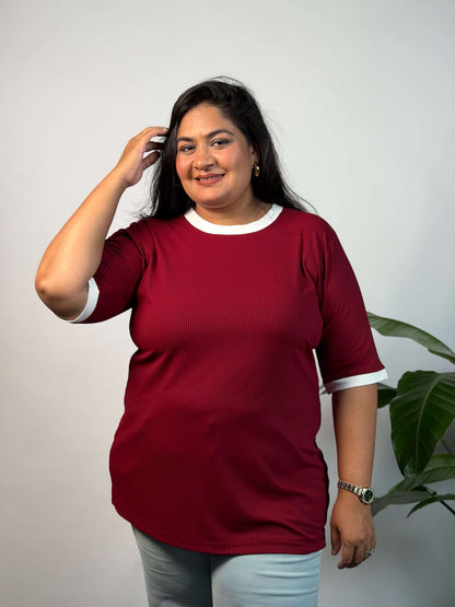 Plus Size Maroon Ribbed Stretchable T-Shirt 3XL to 8XL | Curvisha