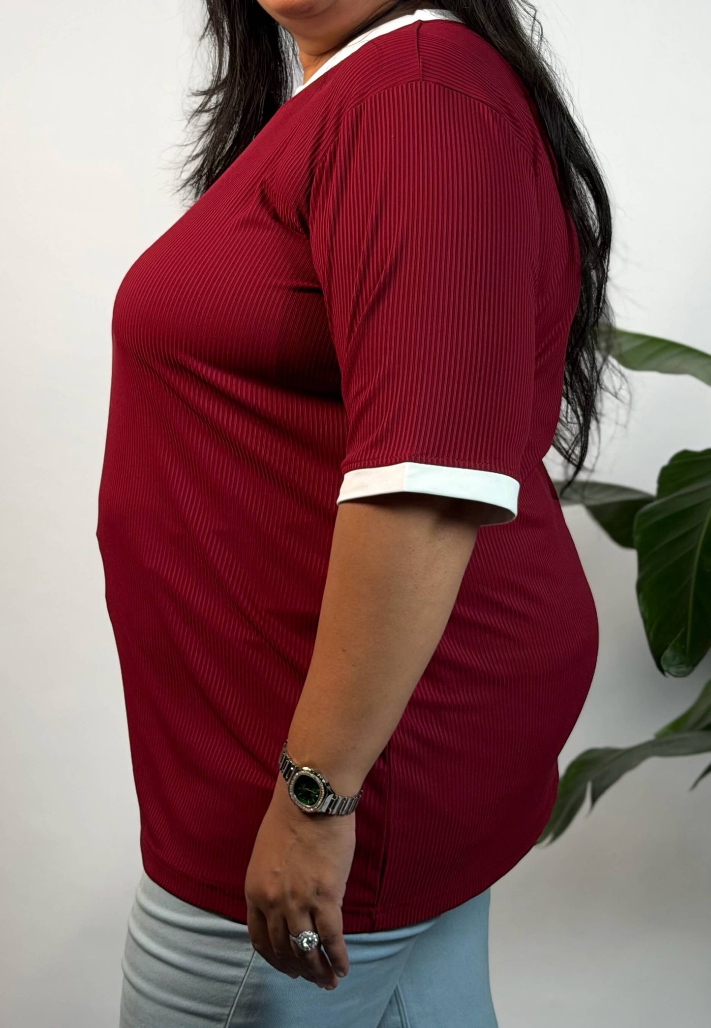 Plus Size Maroon Ribbed Stretchable T-Shirt 3XL to 8XL | Curvisha
