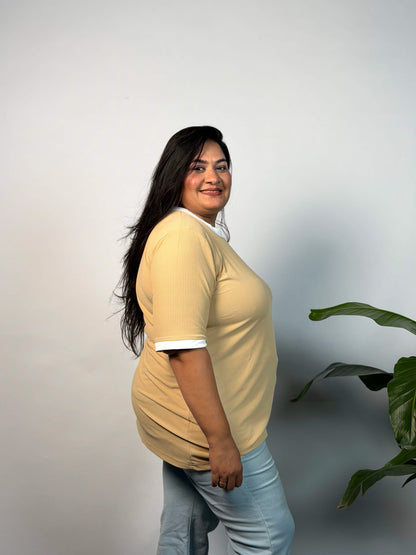 Plus Size Beige Ribbed Stretchable T-Shirt 3XL to 8XL | Curvisha