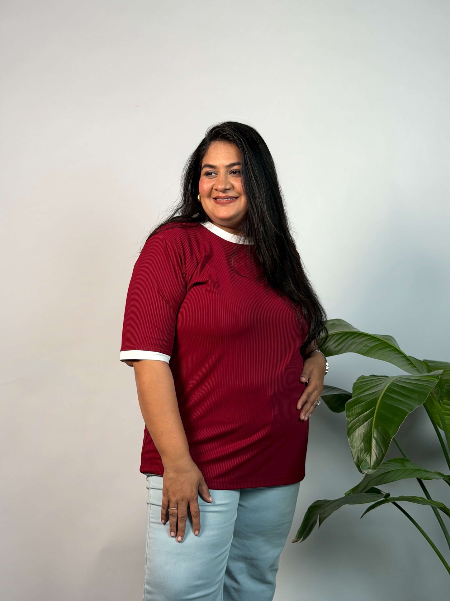 Plus Size Maroon Ribbed Stretchable T-Shirt 3XL to 8XL | Curvisha