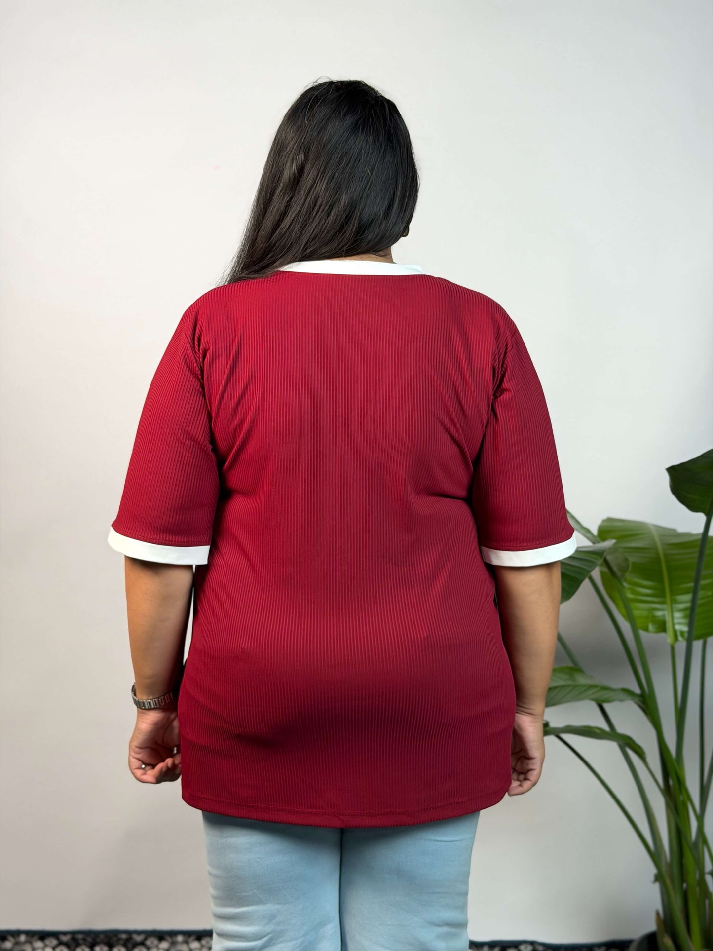Plus Size Maroon Ribbed Stretchable T-Shirt 3XL to 8XL | Curvisha