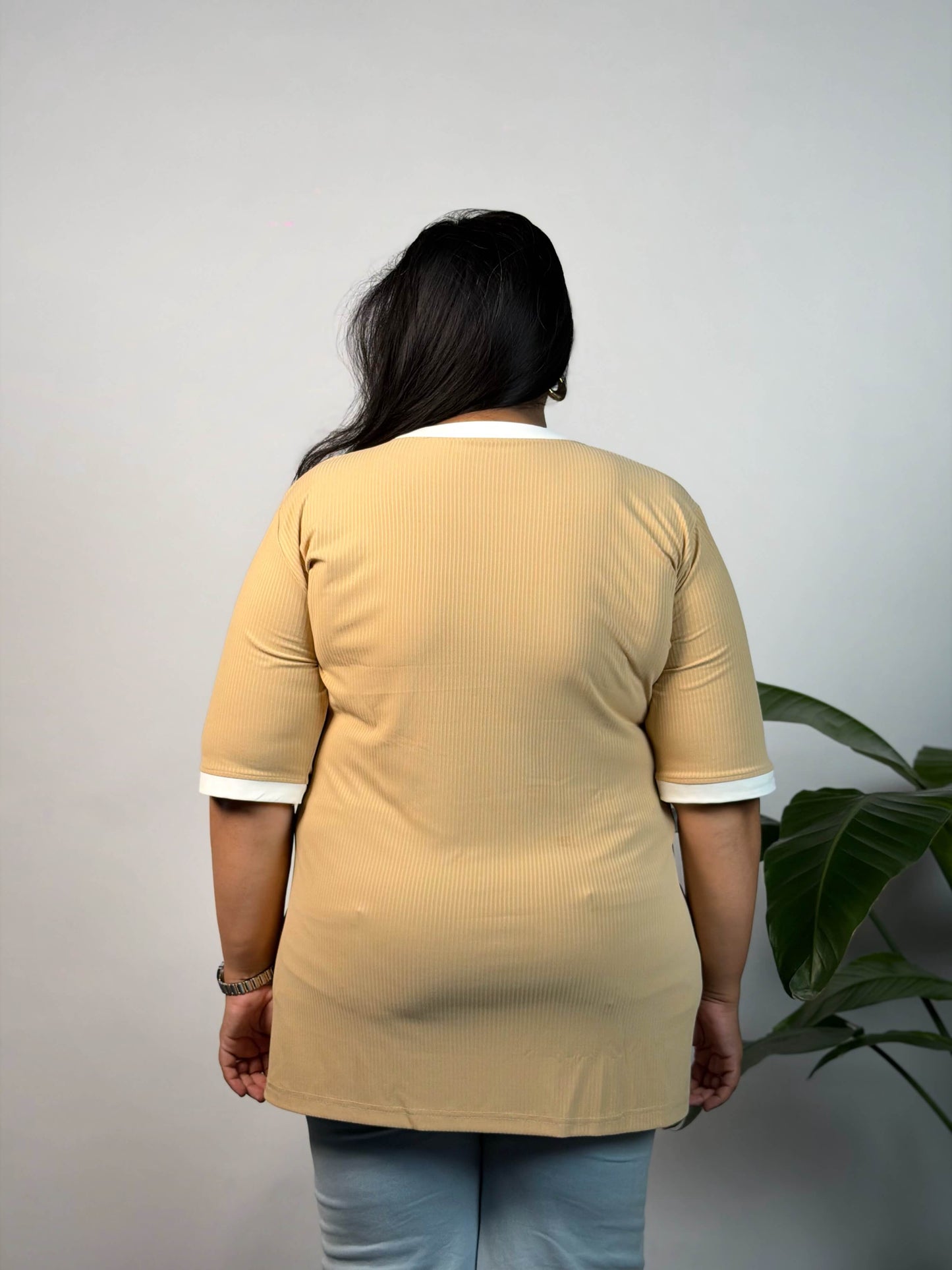 Plus Size Beige Ribbed Stretchable T-Shirt 3XL to 8XL | Curvisha