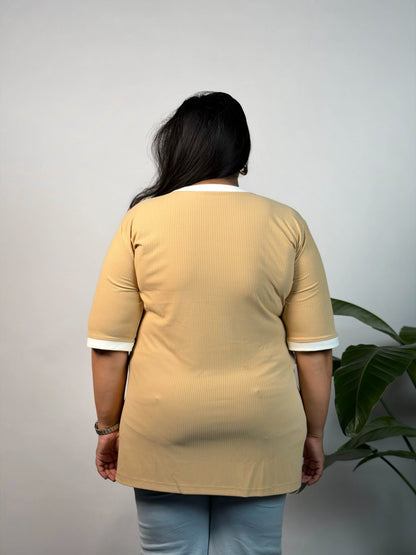 Plus Size Beige Ribbed Stretchable T-Shirt 3XL to 8XL | Curvisha