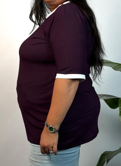 Plus Size Purple Ribbed Stretchable T-Shirt 3XL to 8XL | Curvisha