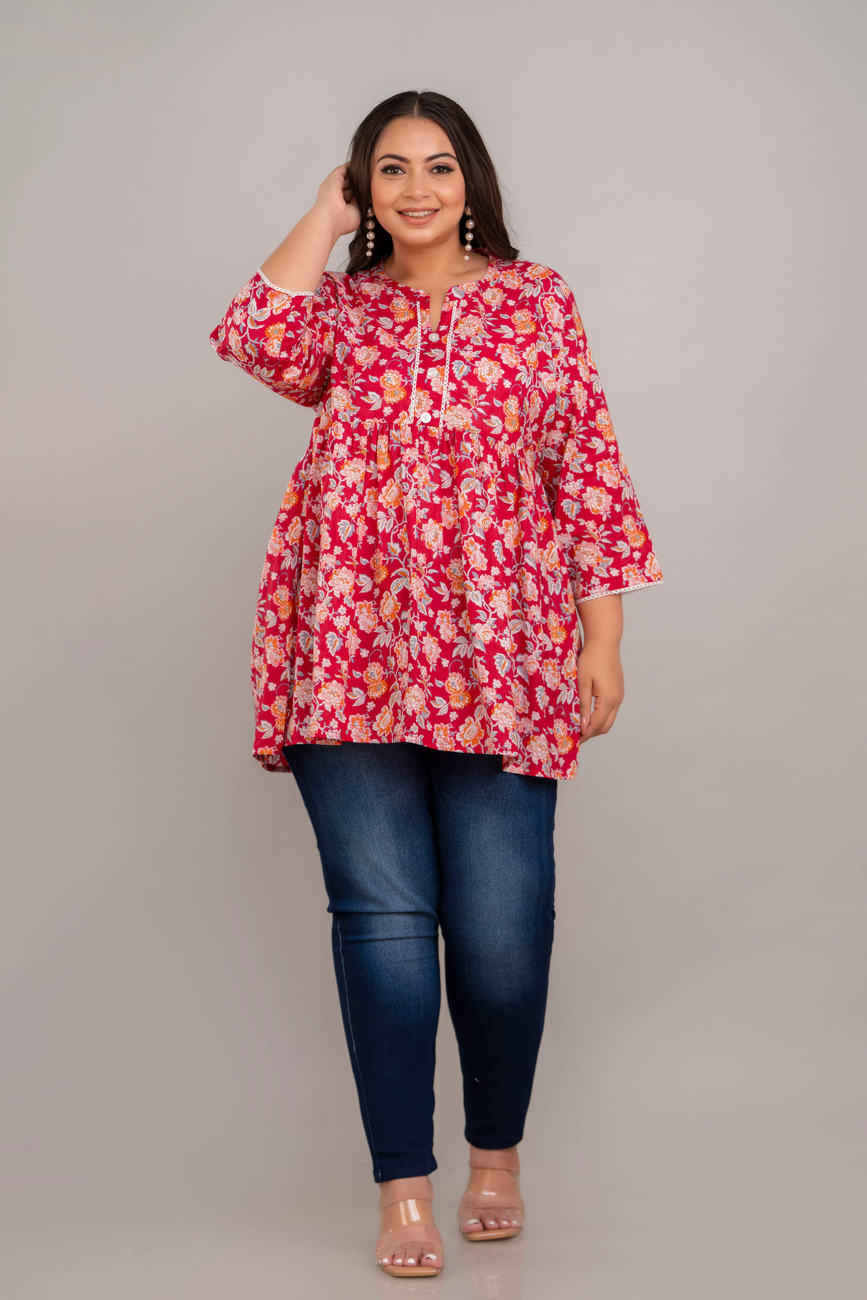 Front Button Detailing on Red Floral Rayon Plus Size Kurti – 3XL–8XL Curvisha Big Size Tunic