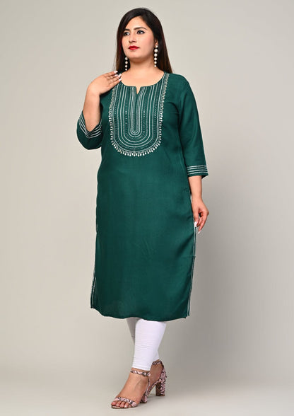 Angled front showing side slit and sleeve stripe detail on green rayon kurti, big size friendly