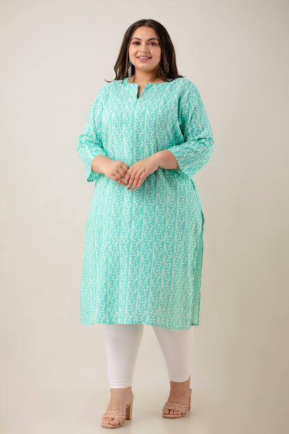 Full length kurti in mint rayon with easy straight silhouette; comfortable drape and movement; polished daily wear.