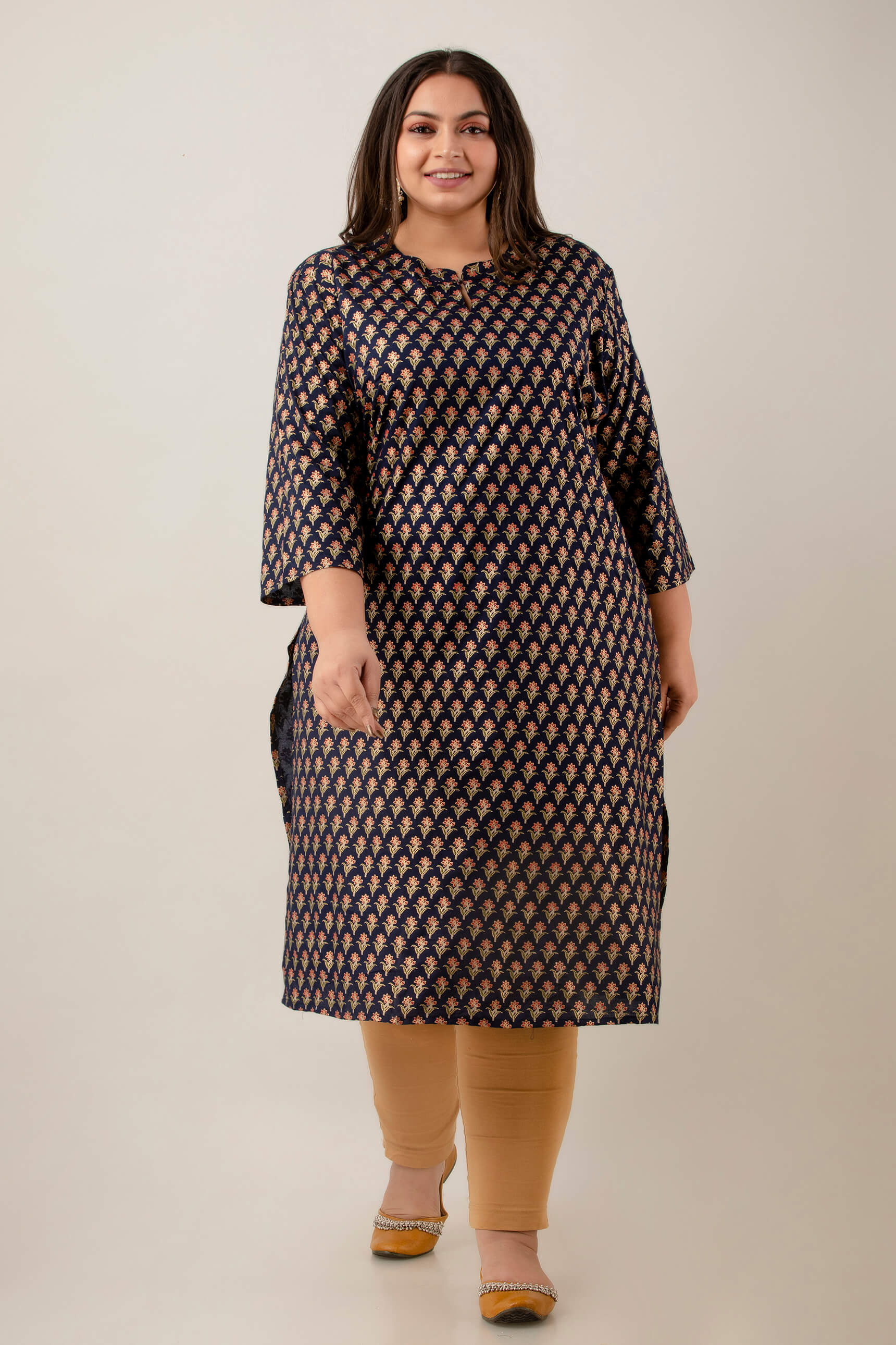 Full length kurti in navy rayon with straight silhouette; comfortable drape and easy movement; polished daily wear.