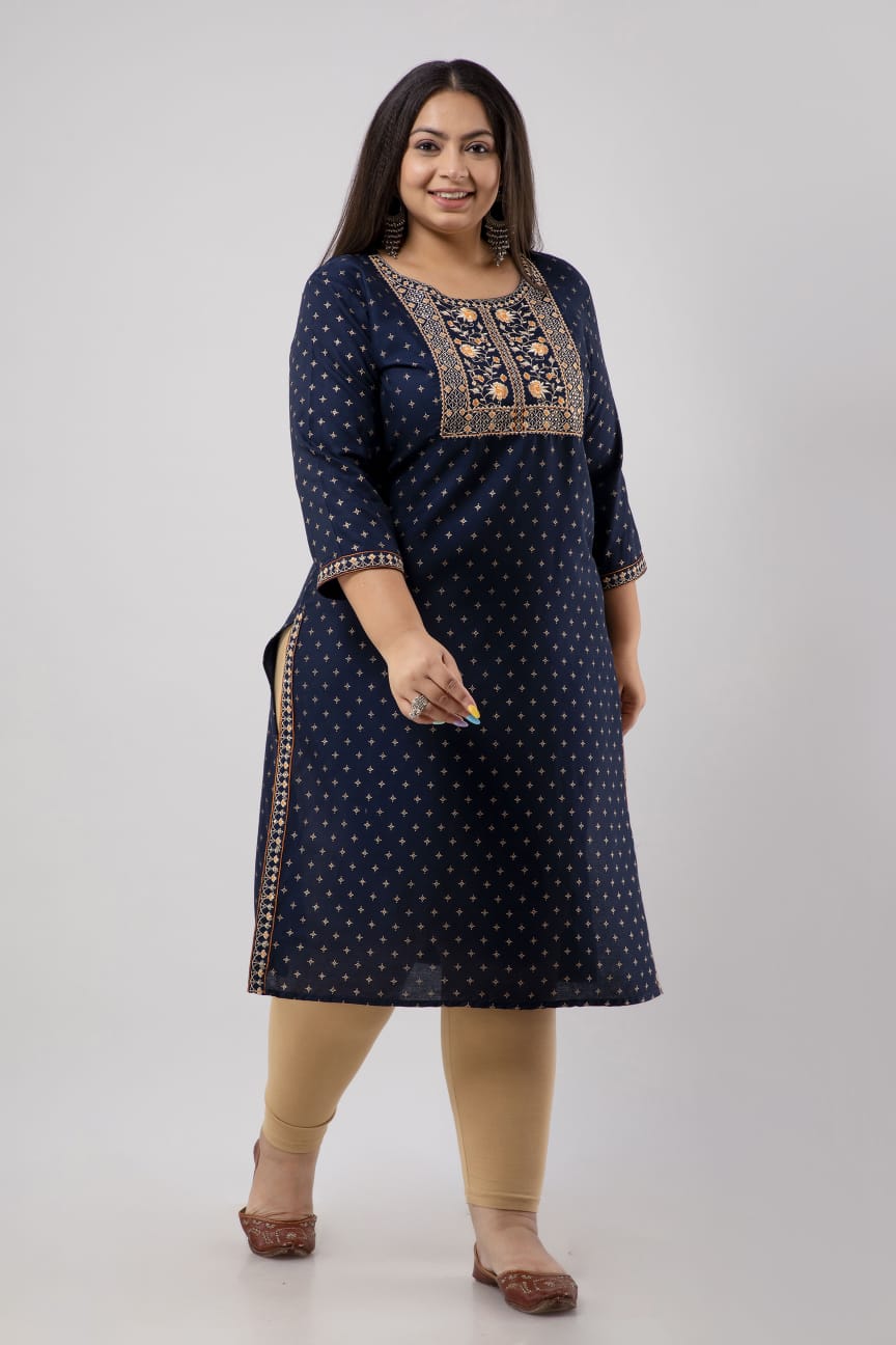 Angled full-length view of navy rayon kurti with side slits, full figure fashion