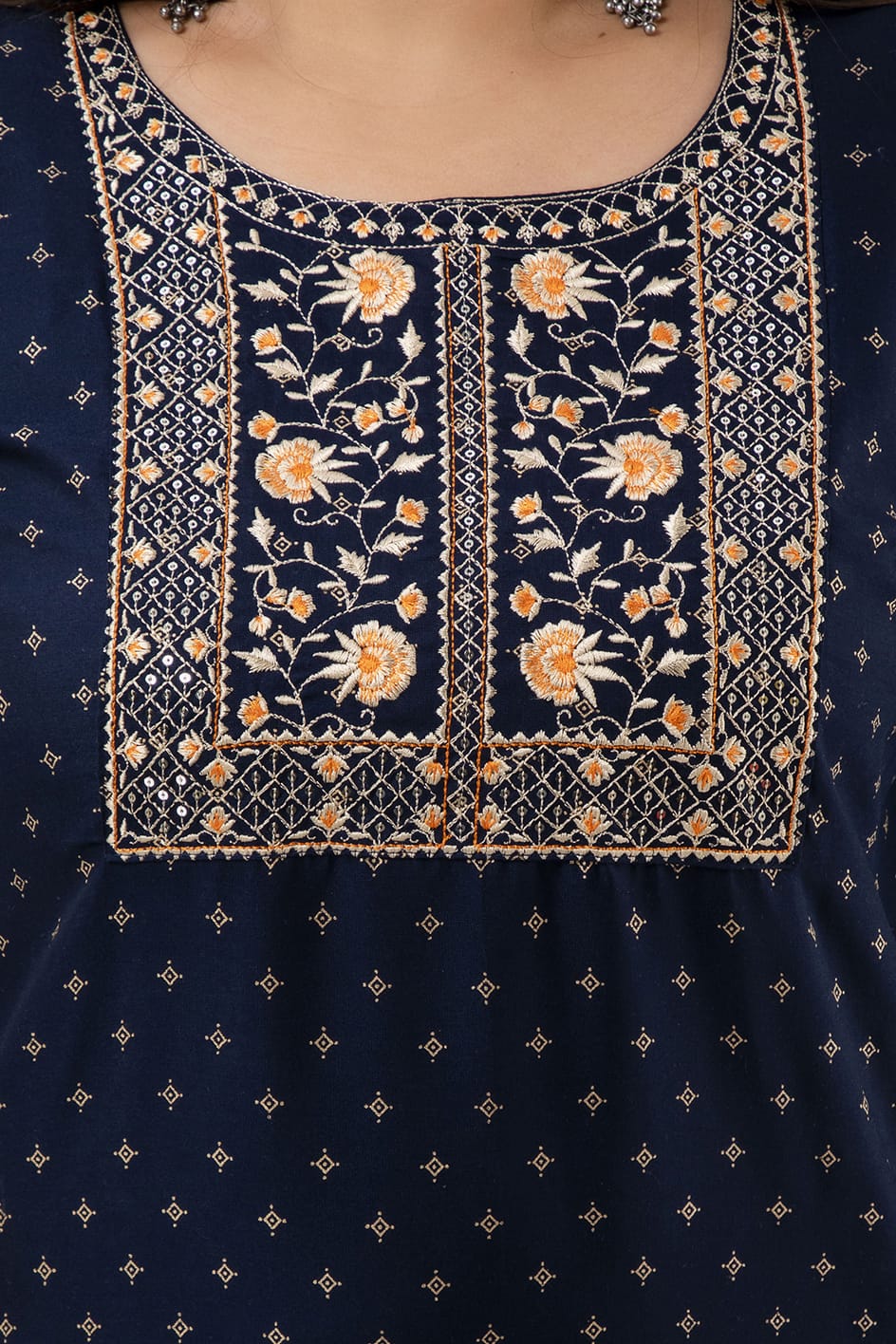Close-up of floral embroidered yoke on navy rayon kurti for curvy women