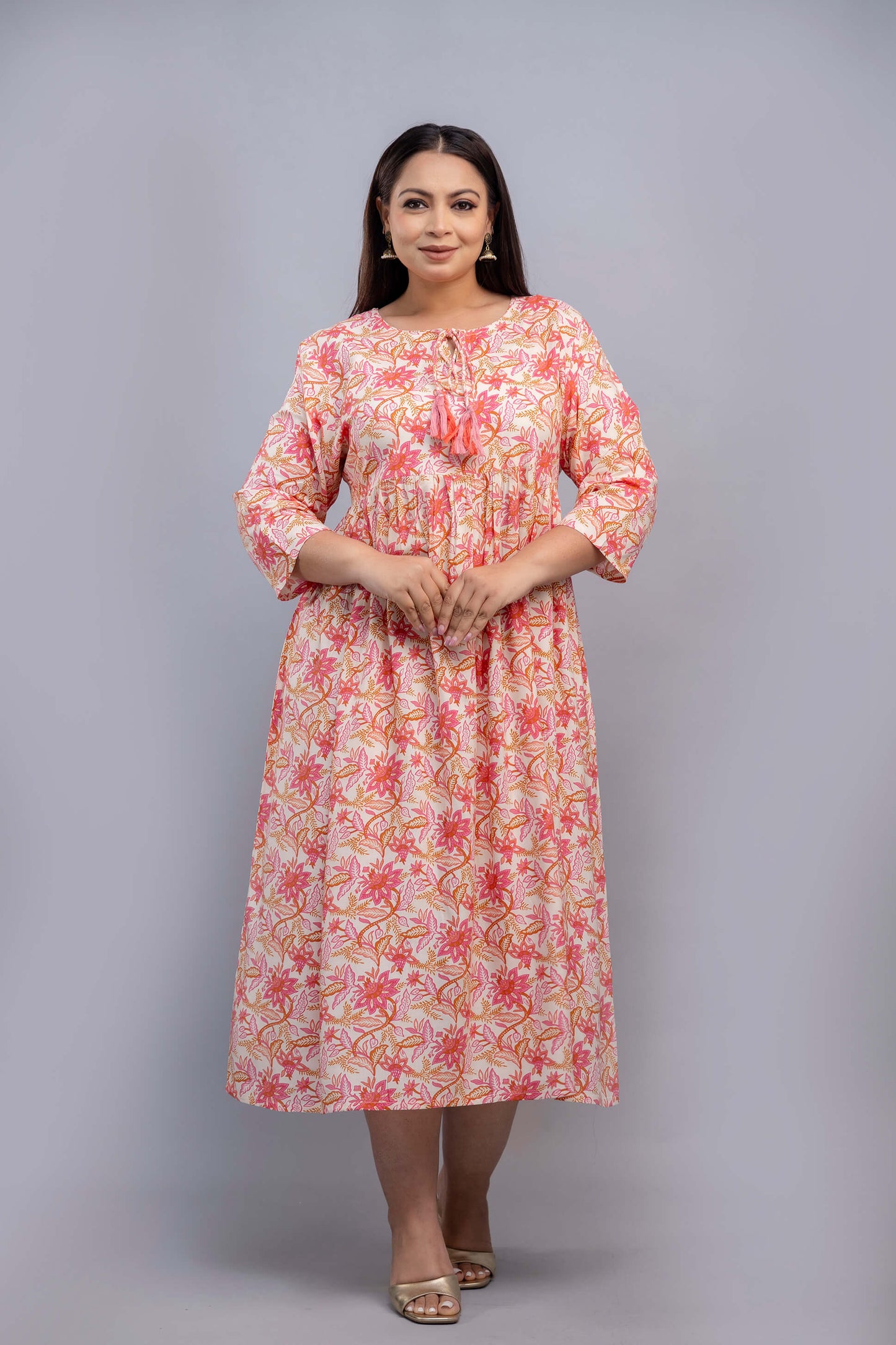 Front view of plus size floral rayon gathered gown 3XL to 9XL