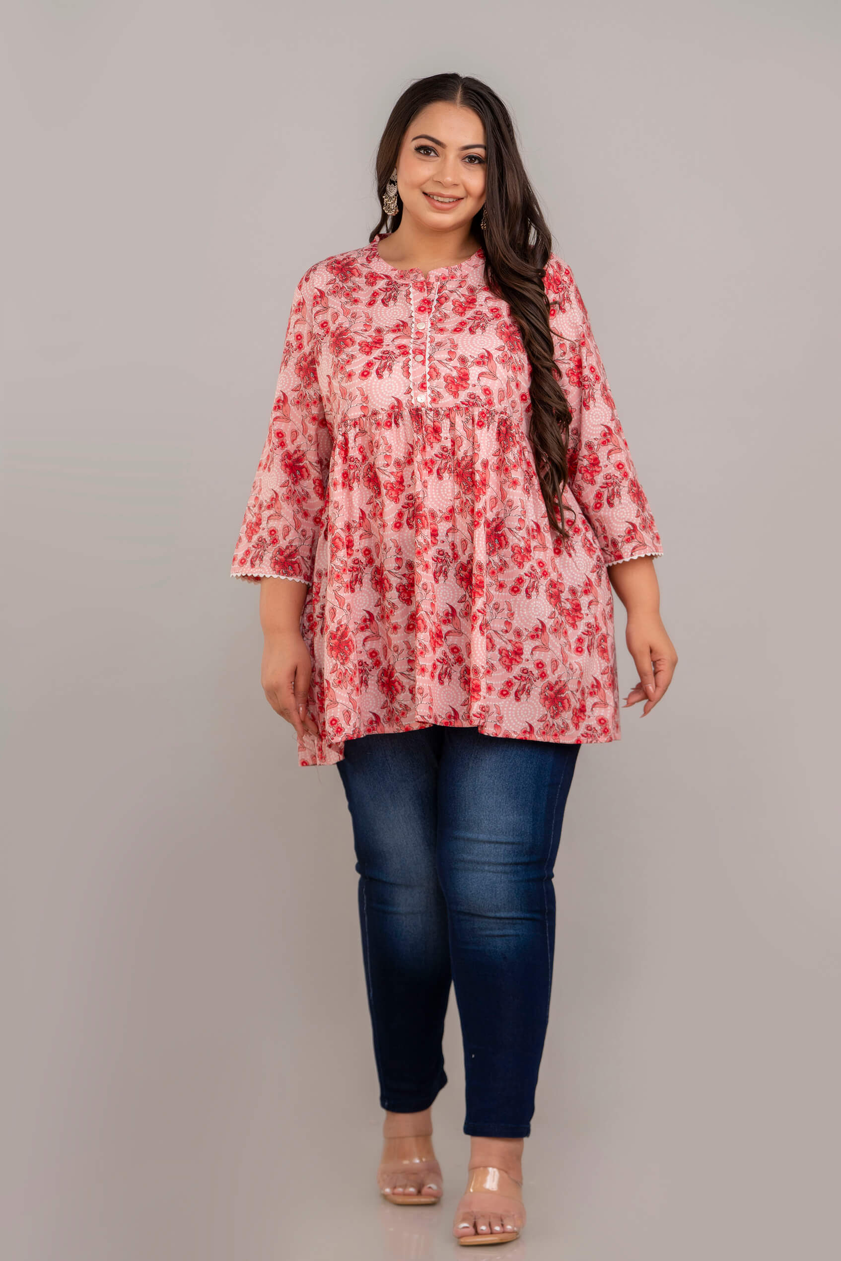 Full Look of Plus Size Pink and Red Floral Rayon Short Kurti Tunic for Curvy Women