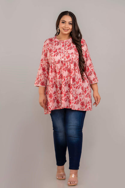 Full Look of Plus Size Pink and Red Floral Rayon Short Kurti Tunic for Curvy Women
