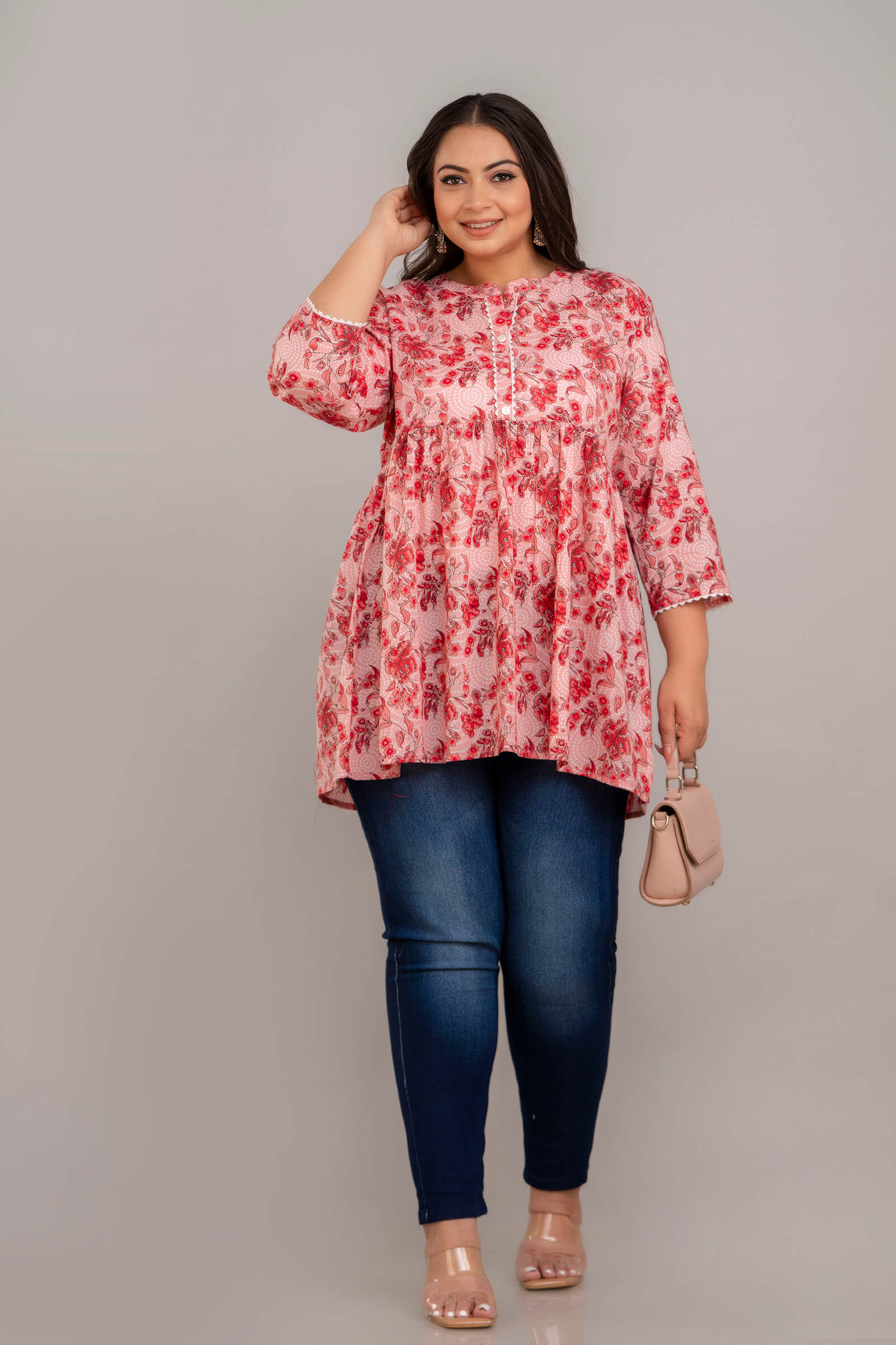 Plus Size Pink and Red Rayon Short Kurti Tunic Styled with Bag – Big Size Outfit for Fat Women