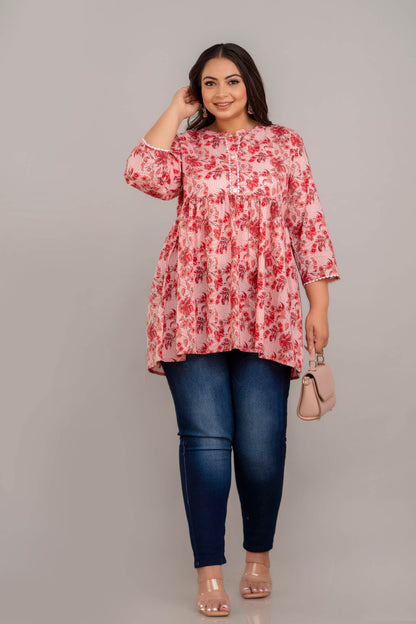 Plus Size Pink and Red Rayon Short Kurti Tunic Styled with Bag – Big Size Outfit for Fat Women