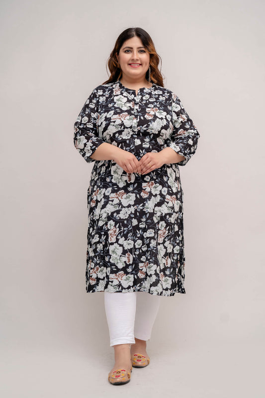 Front view of Plus Size black floral cotton kurti with notch neck and 3/4 sleeves, comfortable fit for women 3XL–9XL