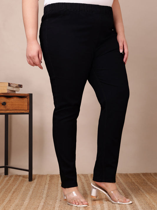 Front close-up of black stretch jeggings for plus size & fat women showing soft waistband – Curvisha