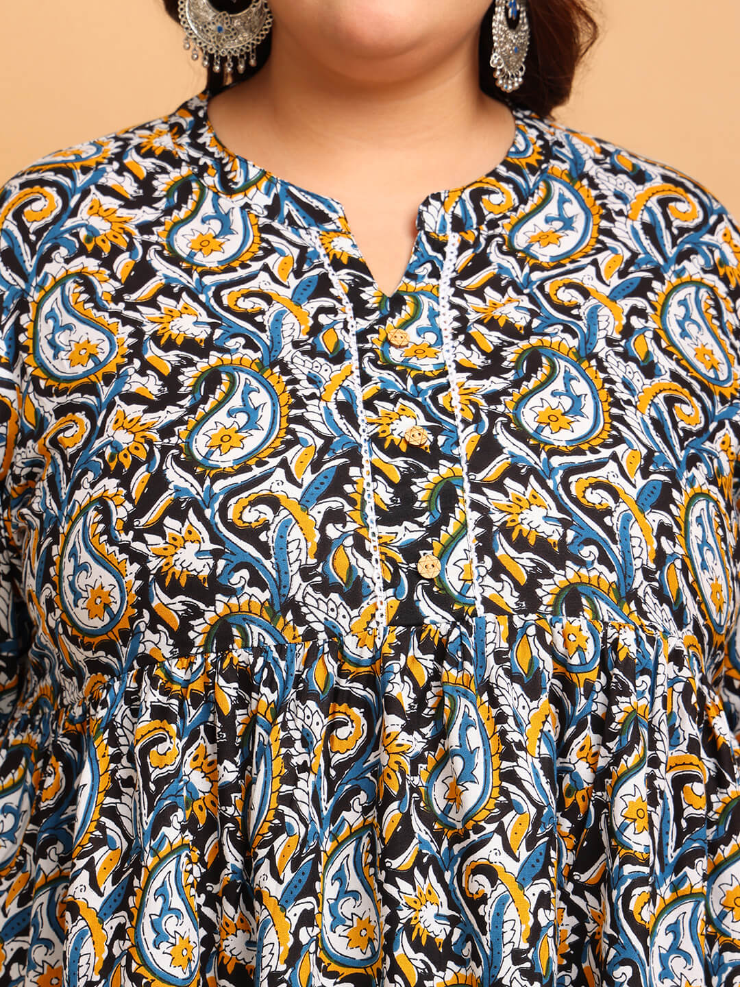 Close-Up of Paisley Print and Wooden Buttons on Plus Size Rayon Short Kurti