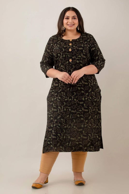 Plus size black rayon discharge-print kurti front view with vine floral pattern, women's sizes 3XL–10XL