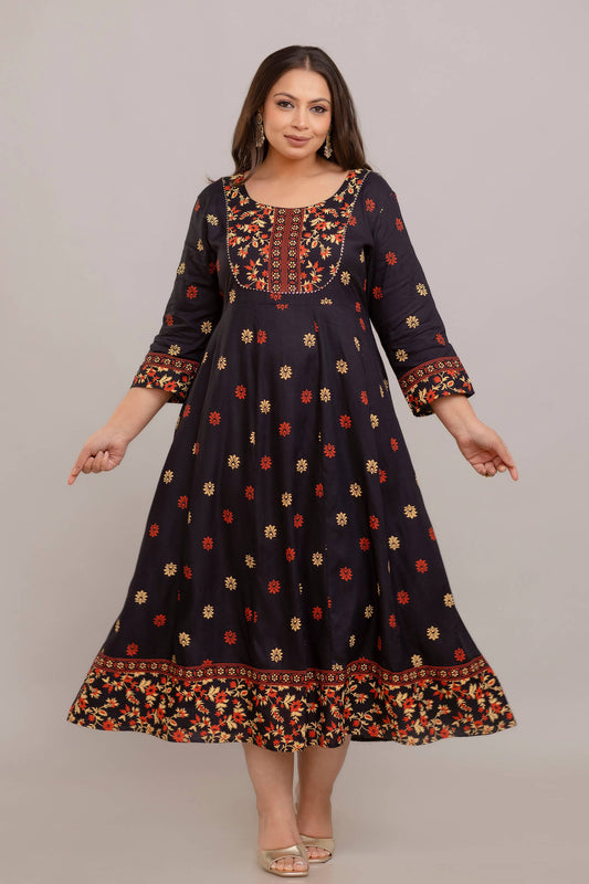 Plus Size black rayon printed gown for fat women, elegant ethnic dress 3XL–10XL by Curvisha