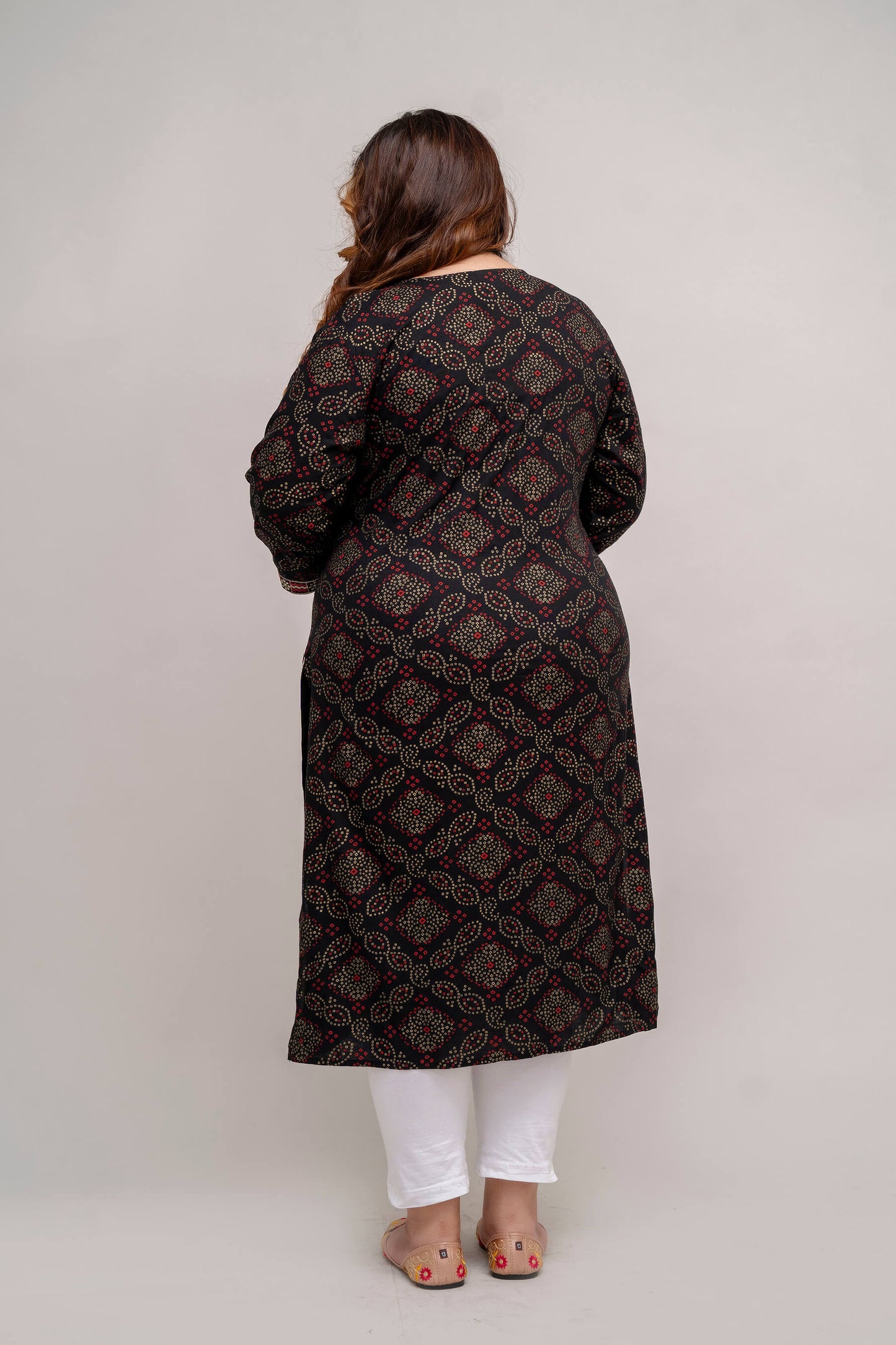 Plus Size black rayon kurti tunic back view for women, geometric print, breathable rayon, sizes 3XL to 9XL, Curvisha everyday wear