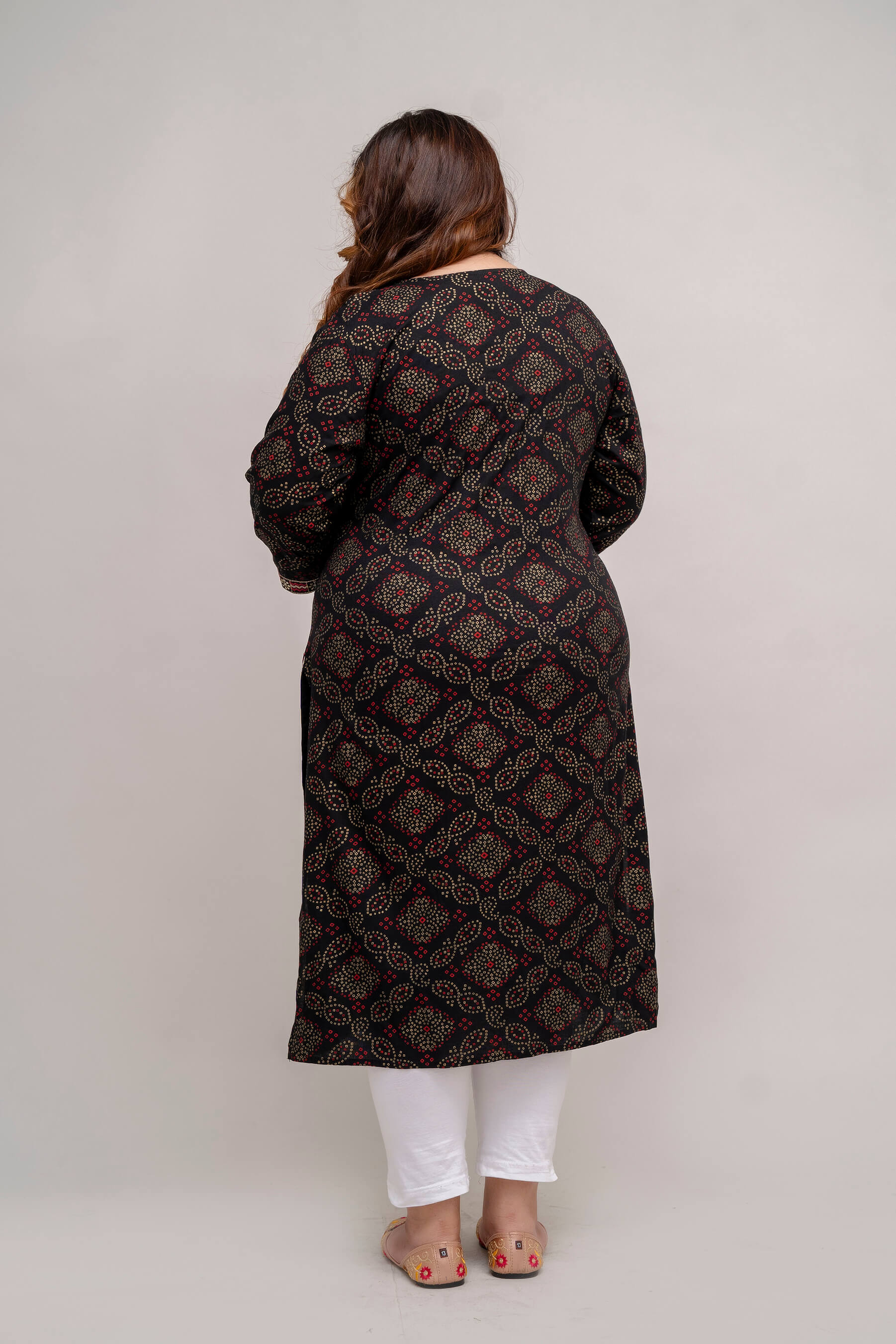 Plus Size black rayon kurti tunic back view for women, geometric print, breathable rayon, sizes 3XL to 9XL, Curvisha everyday wear