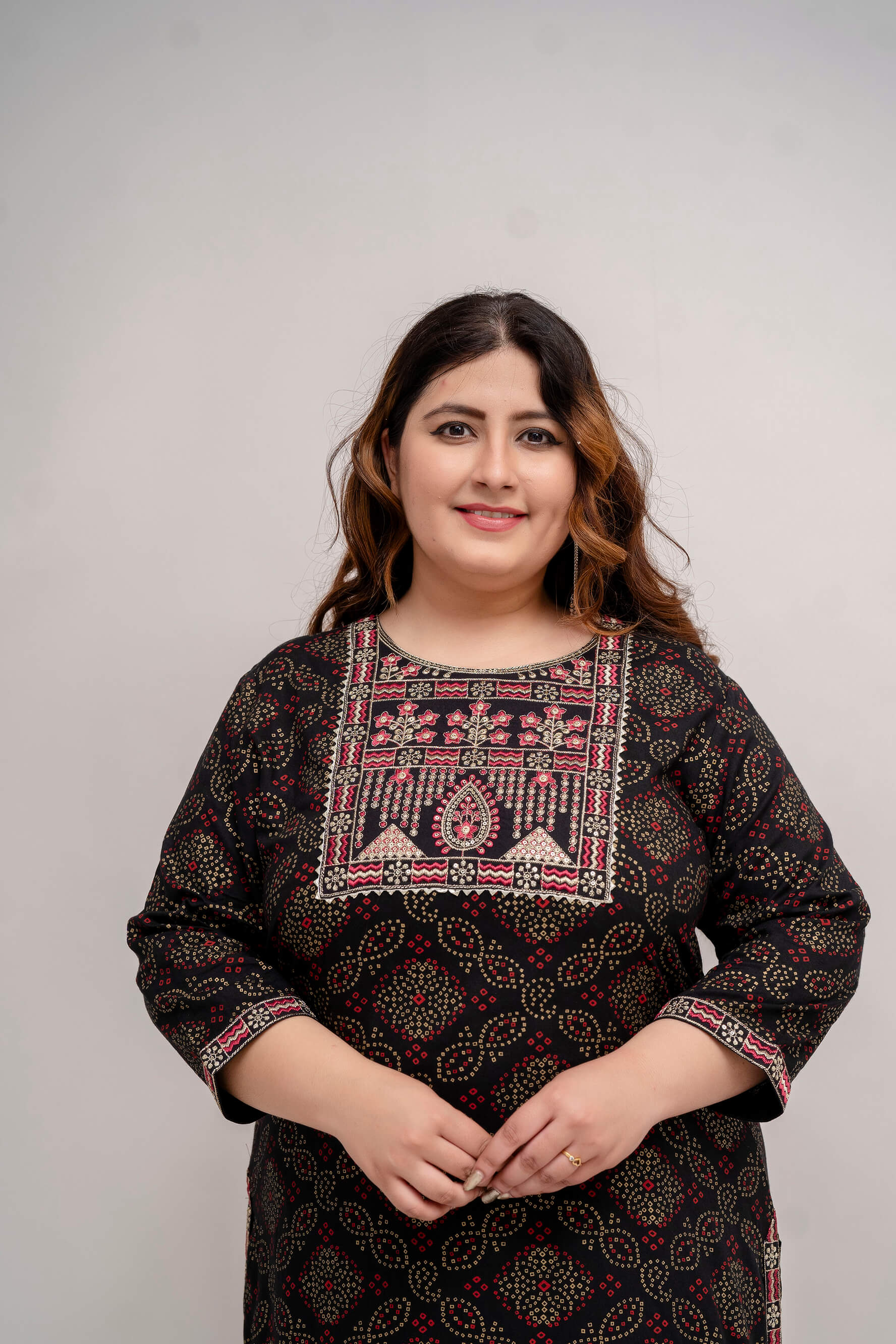 Chest embroidery detail on Plus Size black rayon kurti, fat friendly fit, breathable rayon fabric, sizes 3XL–9XL, Curvisha