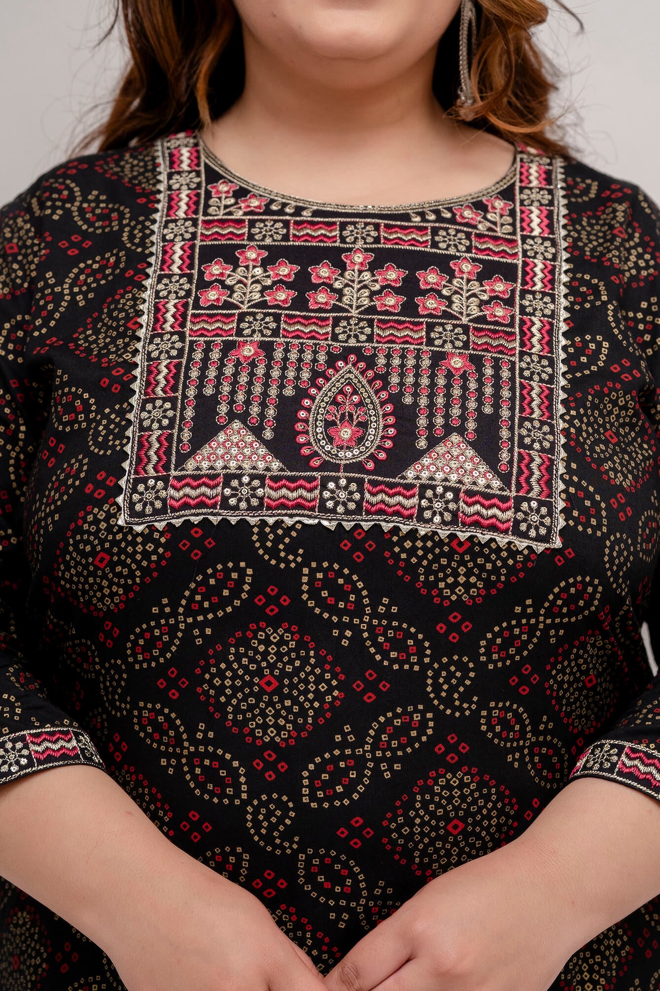 Closeup of embroidered yoke on Plus Size black rayon kurti tunic, elegant detailing for curvy women, sizes 3XL–9XL