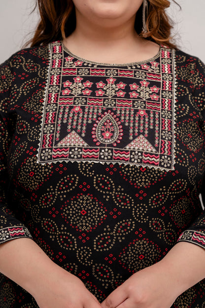 Closeup of embroidered yoke on Plus Size black rayon kurti tunic, elegant detailing for curvy women, sizes 3XL–9XL
